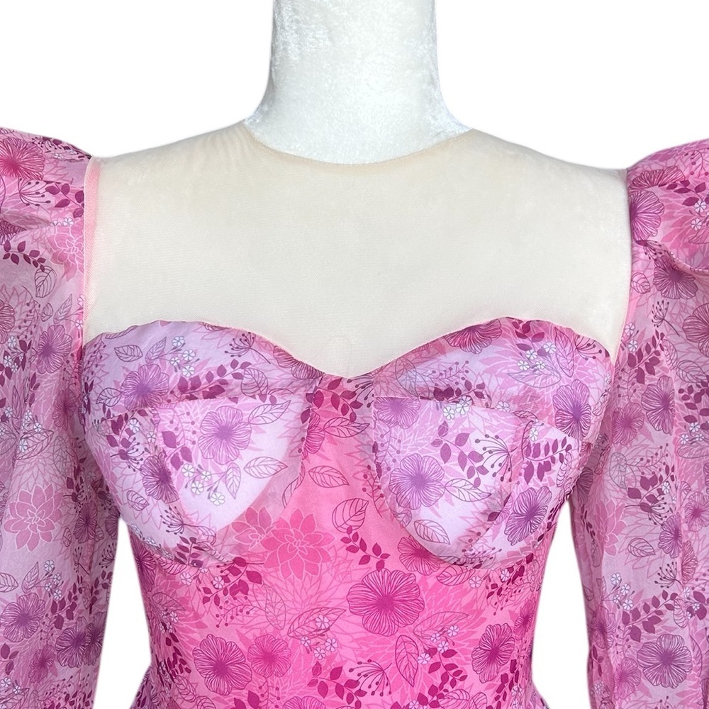 Dreamy Pink Floral Puff-Sleeve Midi Dress | Decorative Buttons | Size Small - Picture 10 of 16